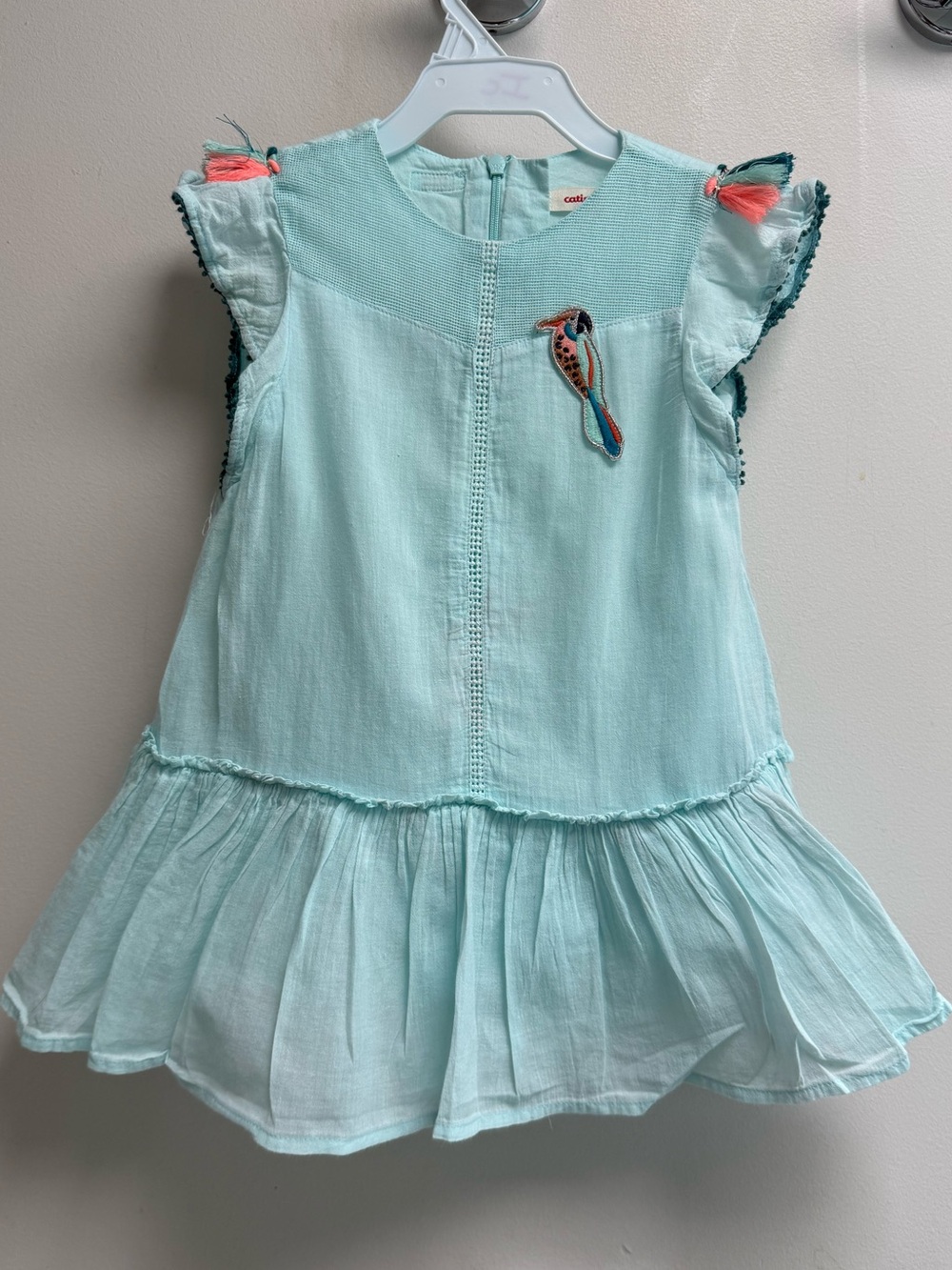 CATAMINI Girls' Aqua Blue Ruffle Dress with Bird Patch - 2T